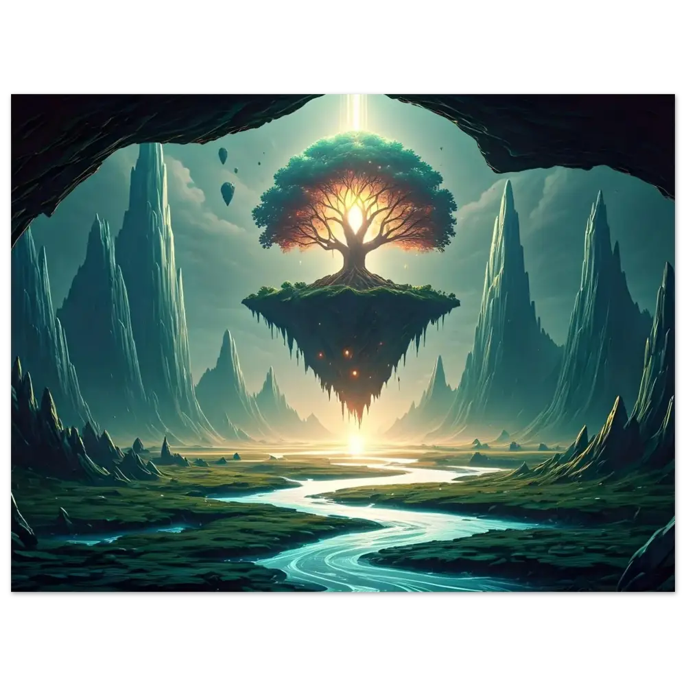 Floating island with glowing tree on Sanctuary of the Skyroot Aluminum Print by PixiOnyx