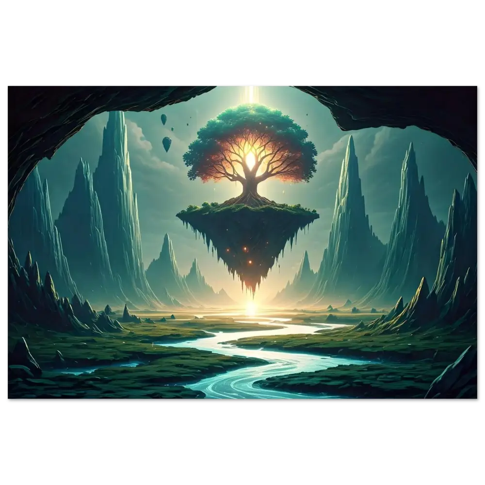 Floating island with a glowing Tree in Sanctuary of the Skyroot Aluminum Print