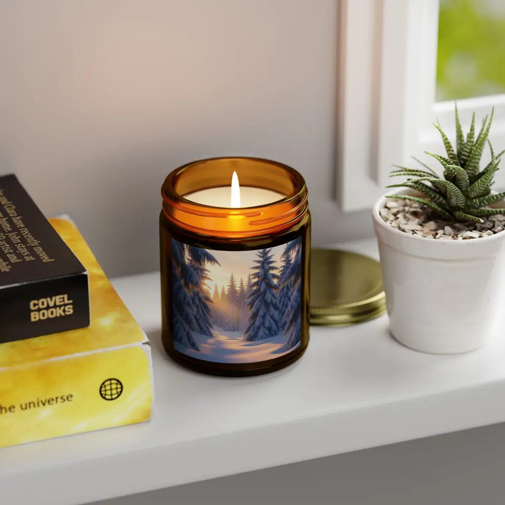 Amber jar candle with winter forest scene for Scented Candle – Fraser Fir Forest PixiOnyx Winter Glow