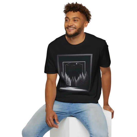 Black unisex T-shirt with a framed serene winter scene of a forest with stars for nature lovers