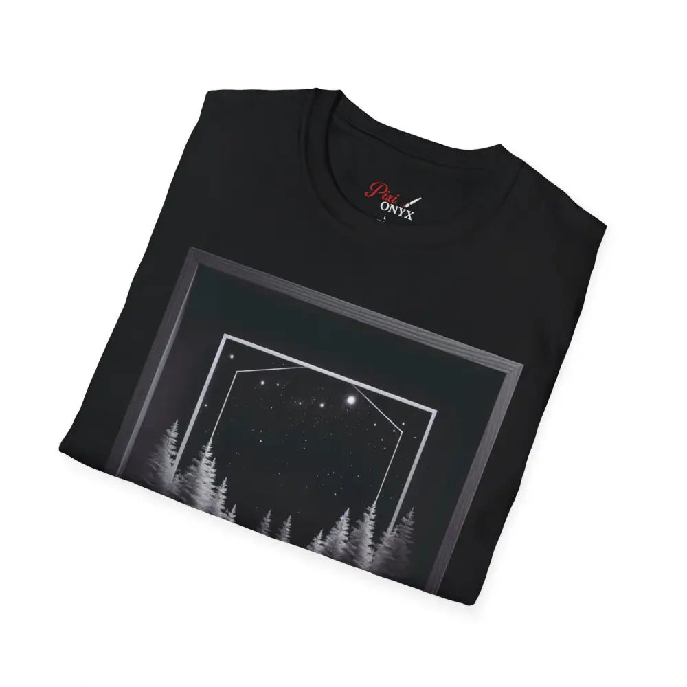 Black T-shirt with starry night sky and pine forest graphic, perfect for nature lovers and outdoor adventures