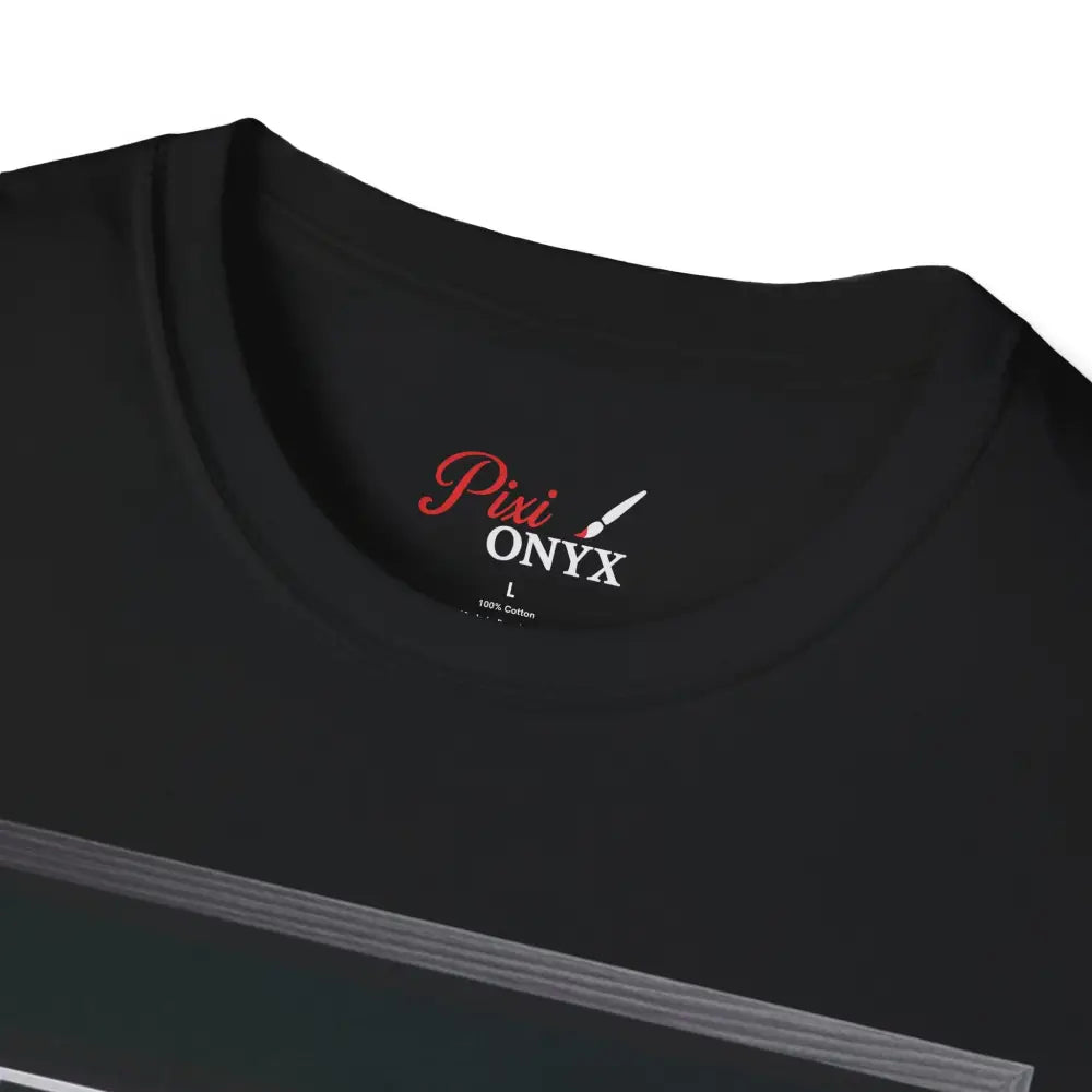 Black crew-neck T-shirt with brand tag featuring a serene winter scene for nature lovers