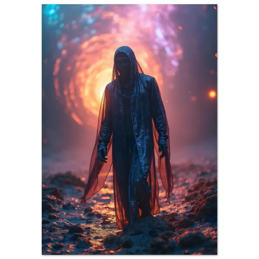 Cloaked figure standing before a swirling portal on Shadowwalker Metal Print via PixiOnyx