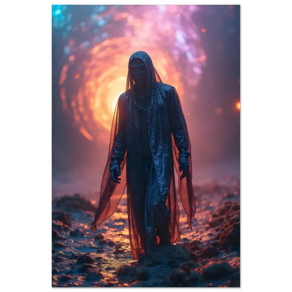 Hooded figure in flowing robe featured on Shadowwalker Metal Print – Through the Rift