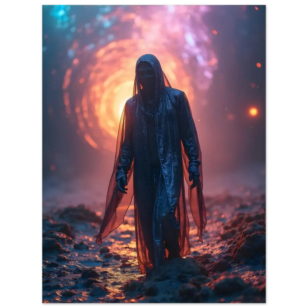 Hooded figure in a translucent cloak on Shadowwalker Metal Print through the Rift display