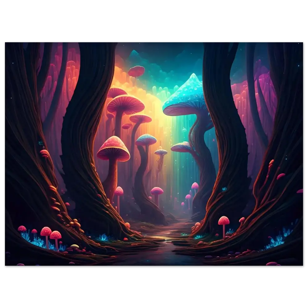 Surreal mushroom forest illuminated on a luminous metal portal aluminum print