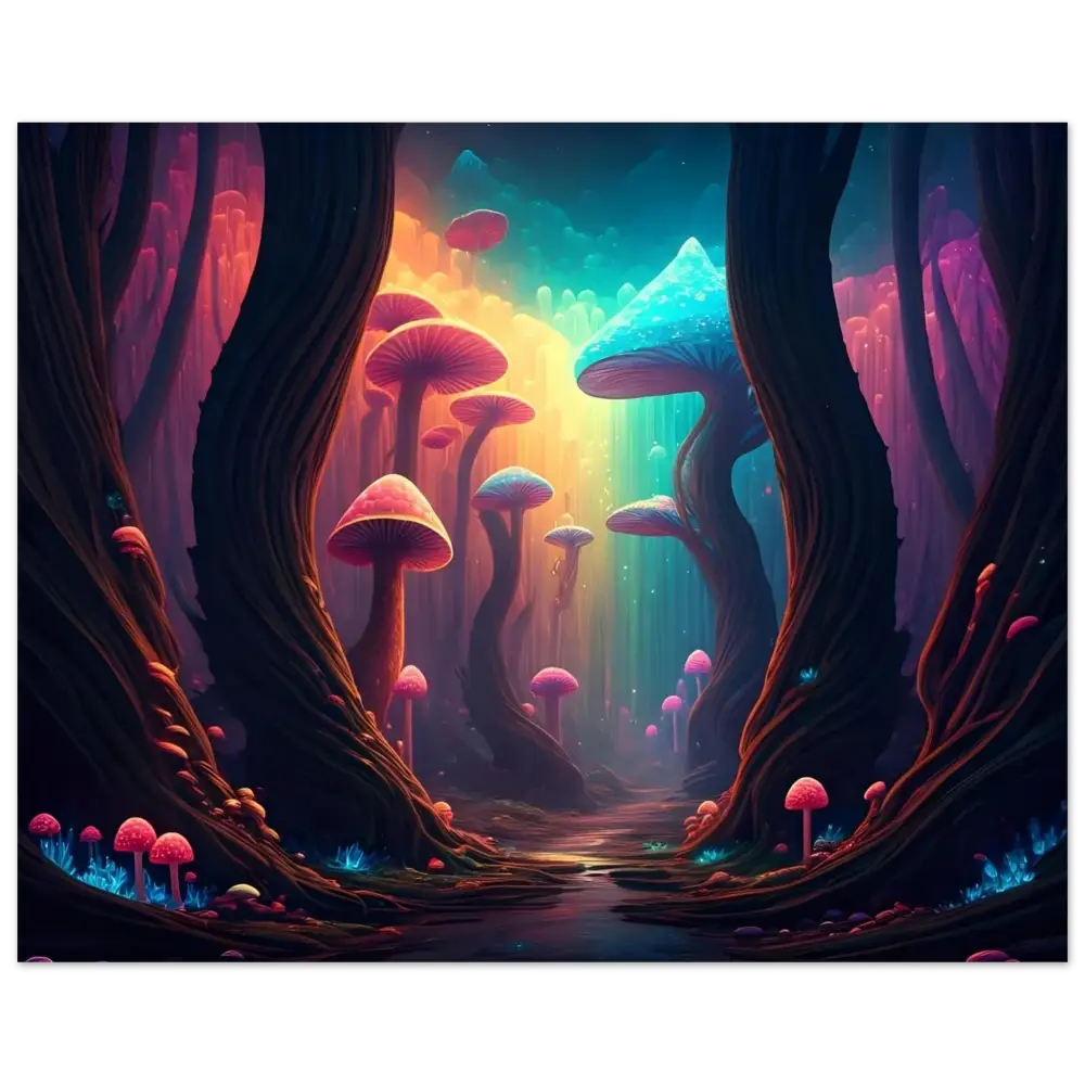 Surreal mushroom forest depicted in Shroom Bloom The Veil Beyond Aluminum Print