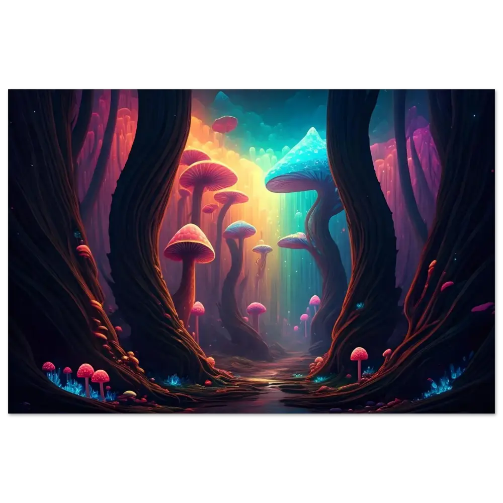 Surreal mushroom forest depicted on Shroom Bloom The Veil Beyond aluminum print by PixiOnyx