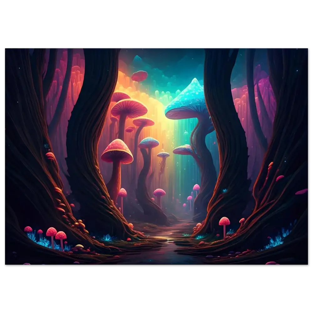 Surreal mushroom forest in vibrant colors for Shroom Bloom Psychedelic Portal Print