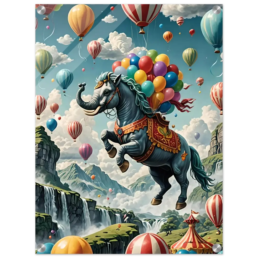 Fantasy horse-elephant hybrid with balloons on Skybound Majesty acrylic print by PixiOnyx