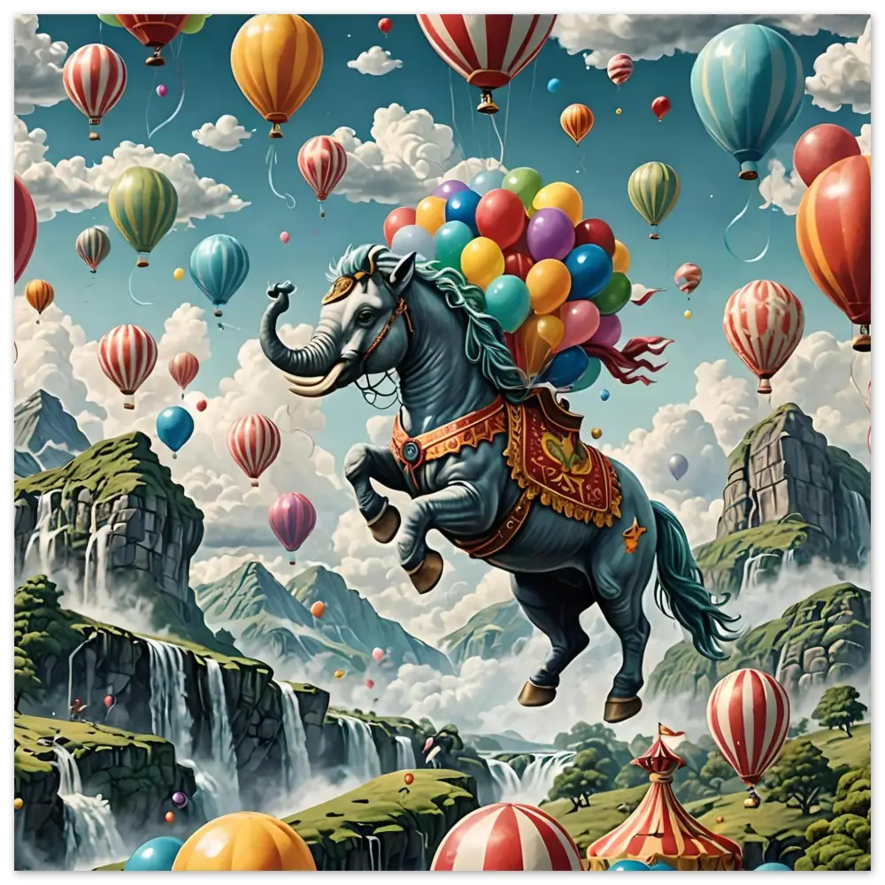 Fantastical elephant-horse hybrid with balloons on Skybound Majesty Fine Art Fantasy Poster