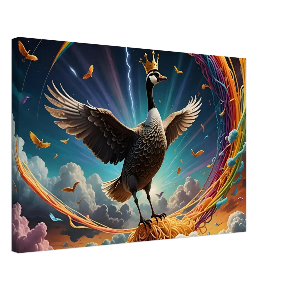 Whimsical Goose King sitting on Spaghetti Ascension Canvas Print by PixiOnyx