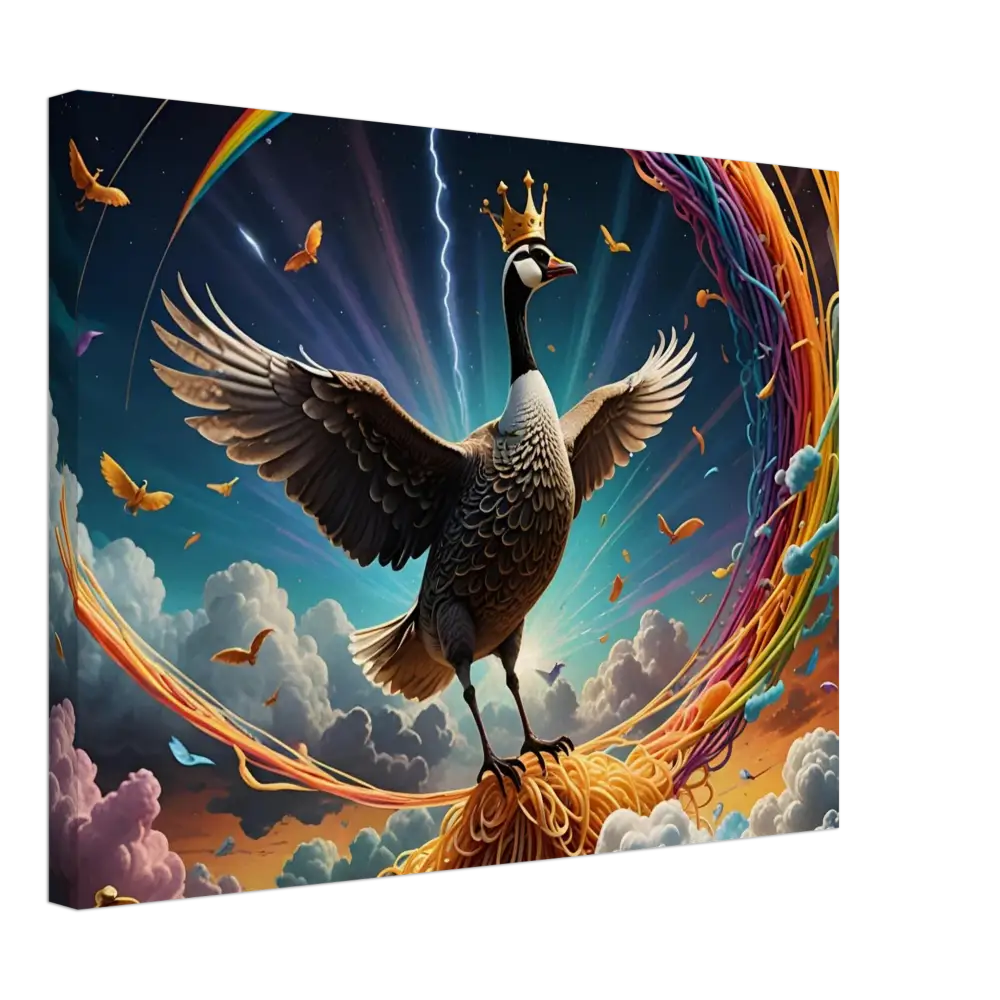 Majestic goose wearing a crown on Spaghetti Goose Ascension Canvas by PixiOnyx