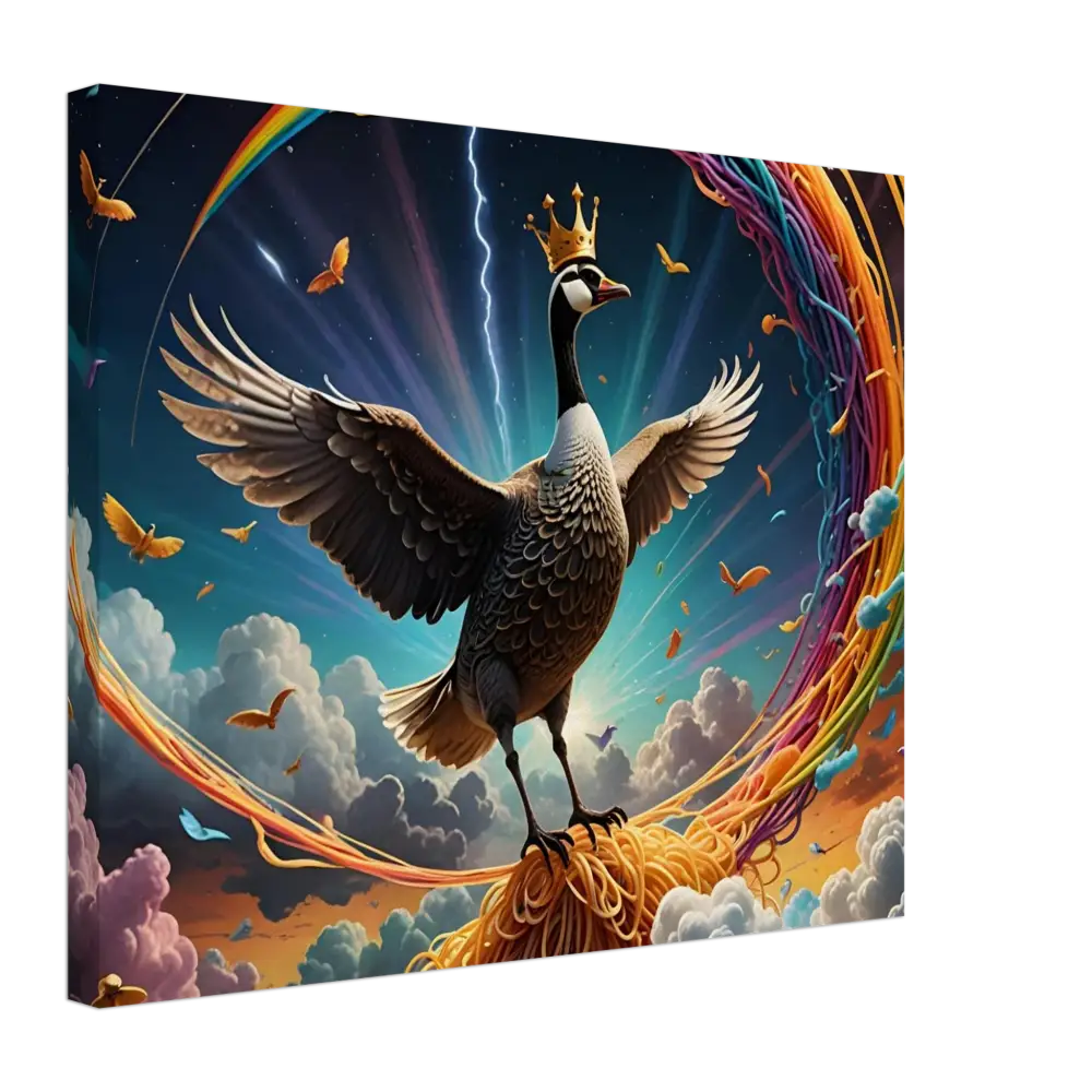 Regal goose with outstretched wings on Spaghetti Goose Ascension Canvas by PixiOnyx