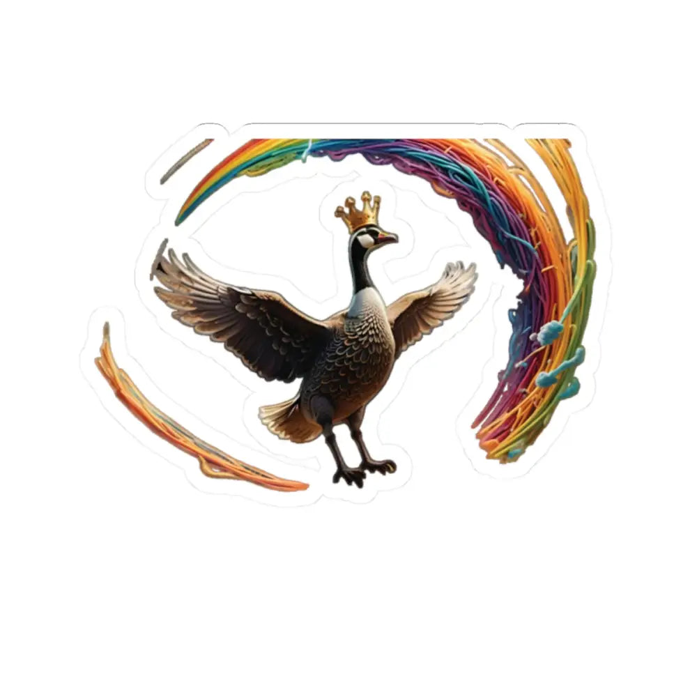 Goose wearing a crown with rainbow swirl on Spaghetti Goose Ascension vinyl decal