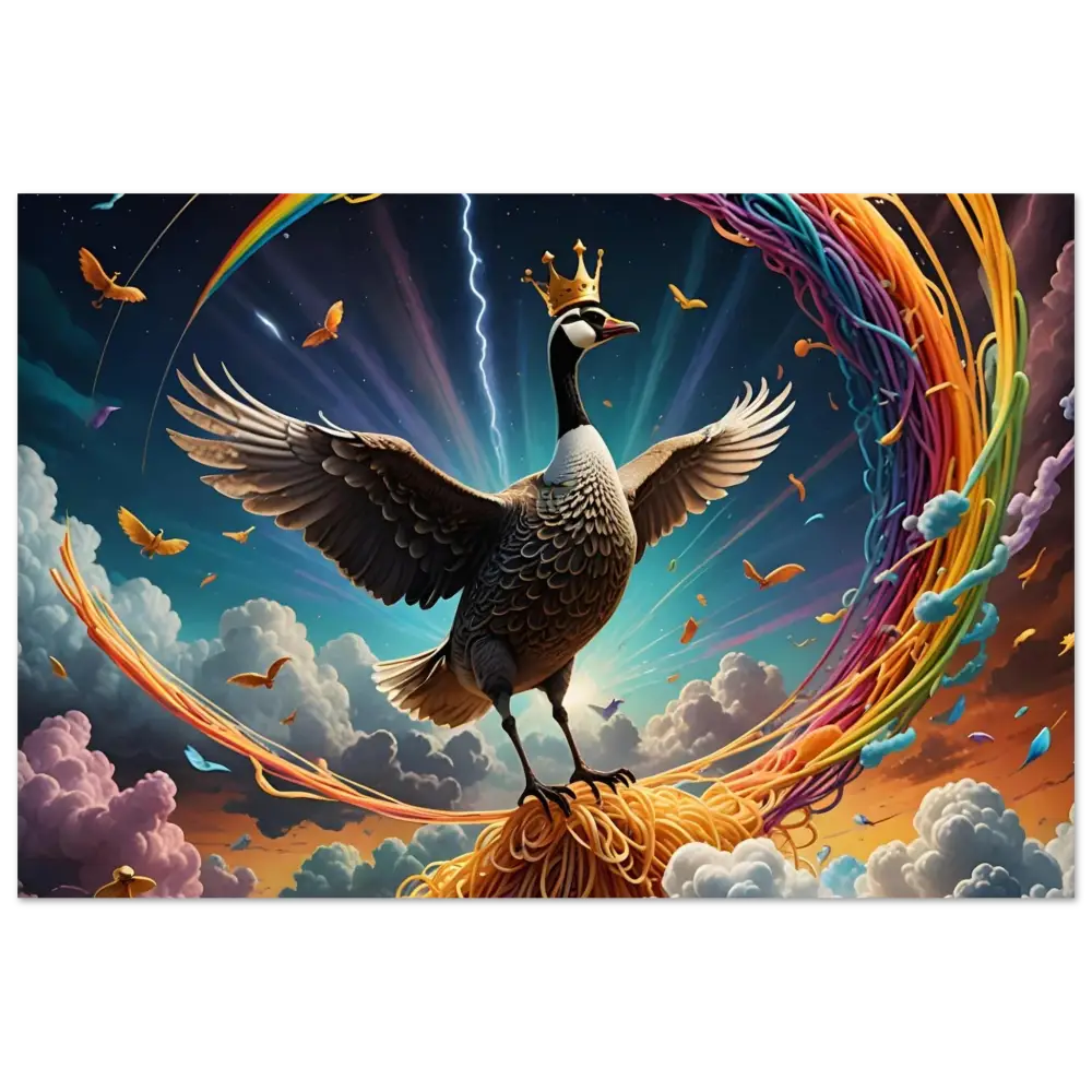 Regal goose with outstretched wings on PixiOnyx Metal Print Spaghetti Goose Ascension Thundercluck Edition
