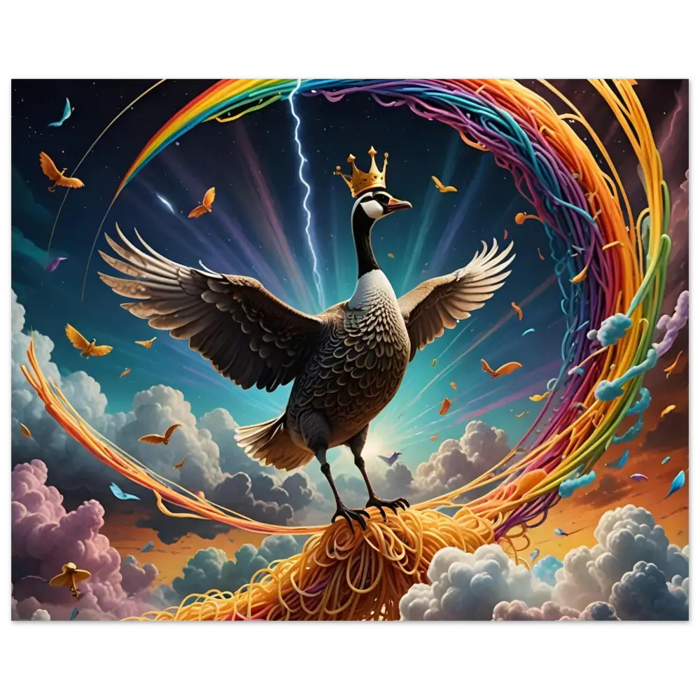 Regal goose perched on colorful spaghetti rainbow art in Thundercluck Edition Metal Print
