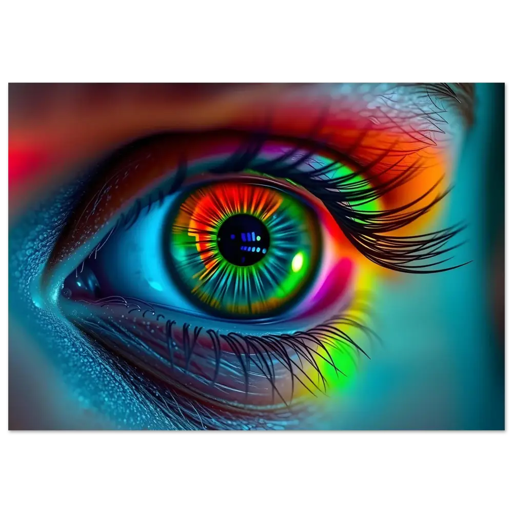 Vibrant rainbow-colored eye on Spectrum Vision Aluminum Print Light Refraction PixiOnyx Gloss Metal Display
