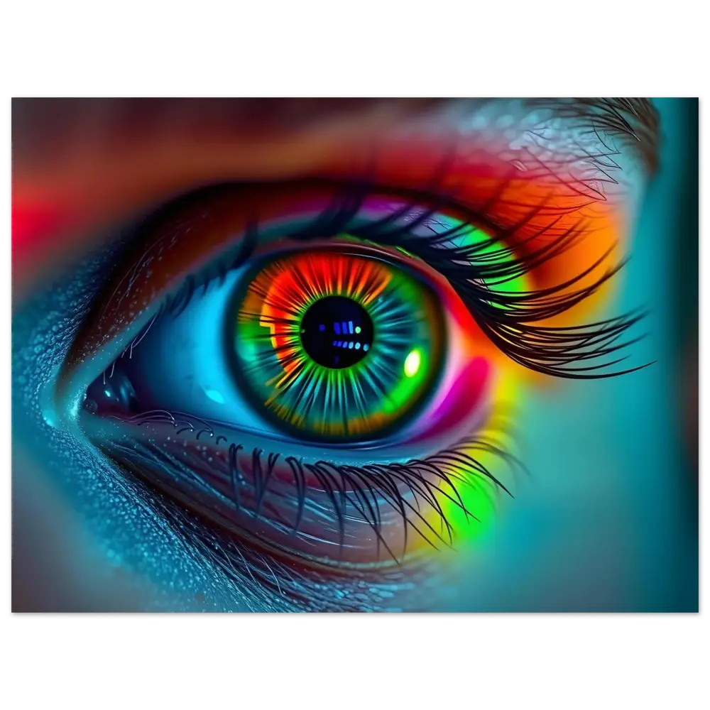 Vibrant rainbow-colored eye displayed on Spectrum Vision Aluminum Print Light Refraction PixiOnyx Gloss Metal Display