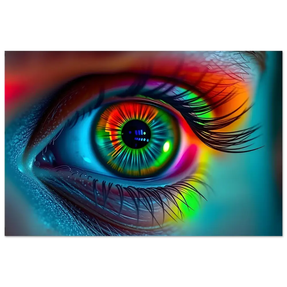 Vibrant rainbow-colored eye metal print displayed on Spectrum Vision Aluminum Display