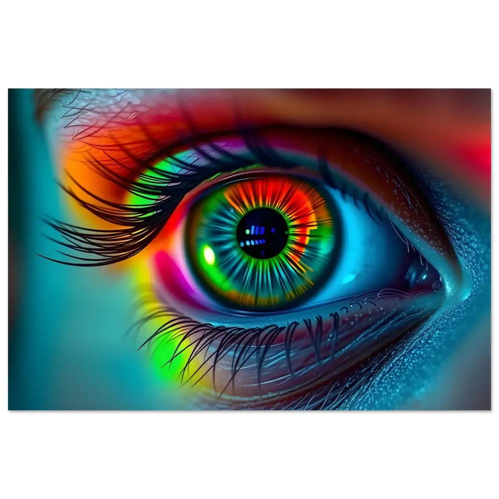 Vibrant rainbow-colored human eye on Spectrum Vision Mirrored Aluminum Print PixiOnyx Gloss Metal