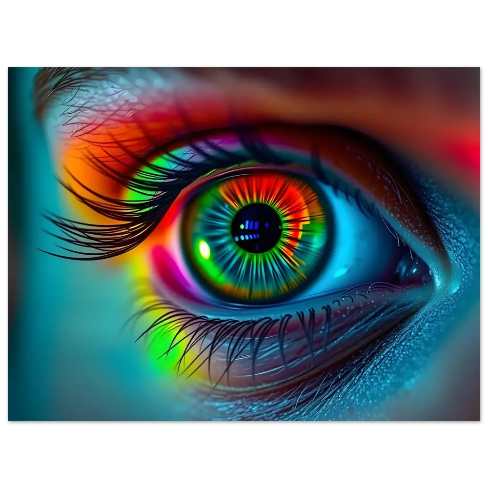 Vibrant rainbow-colored human eye on Spectrum Vision Poster Mirrored Chromatic Reflection