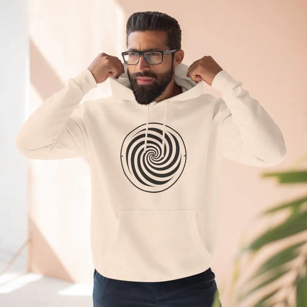 Light-colored fleece hoodie with black and white spiral design, spacious kangaroo pocket, perfect for fall