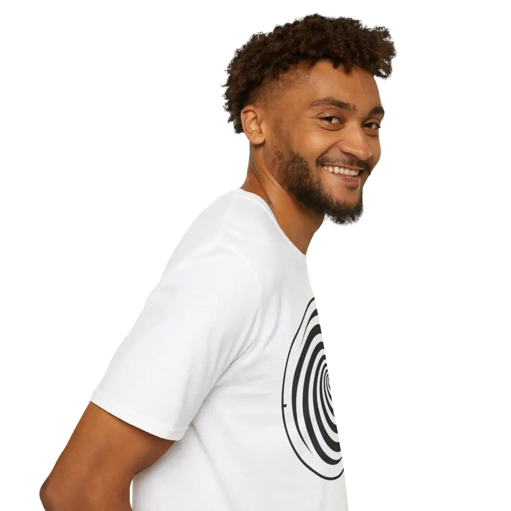Smiling man in white unisex softstyle T-shirt with spiral ring-spun cotton design