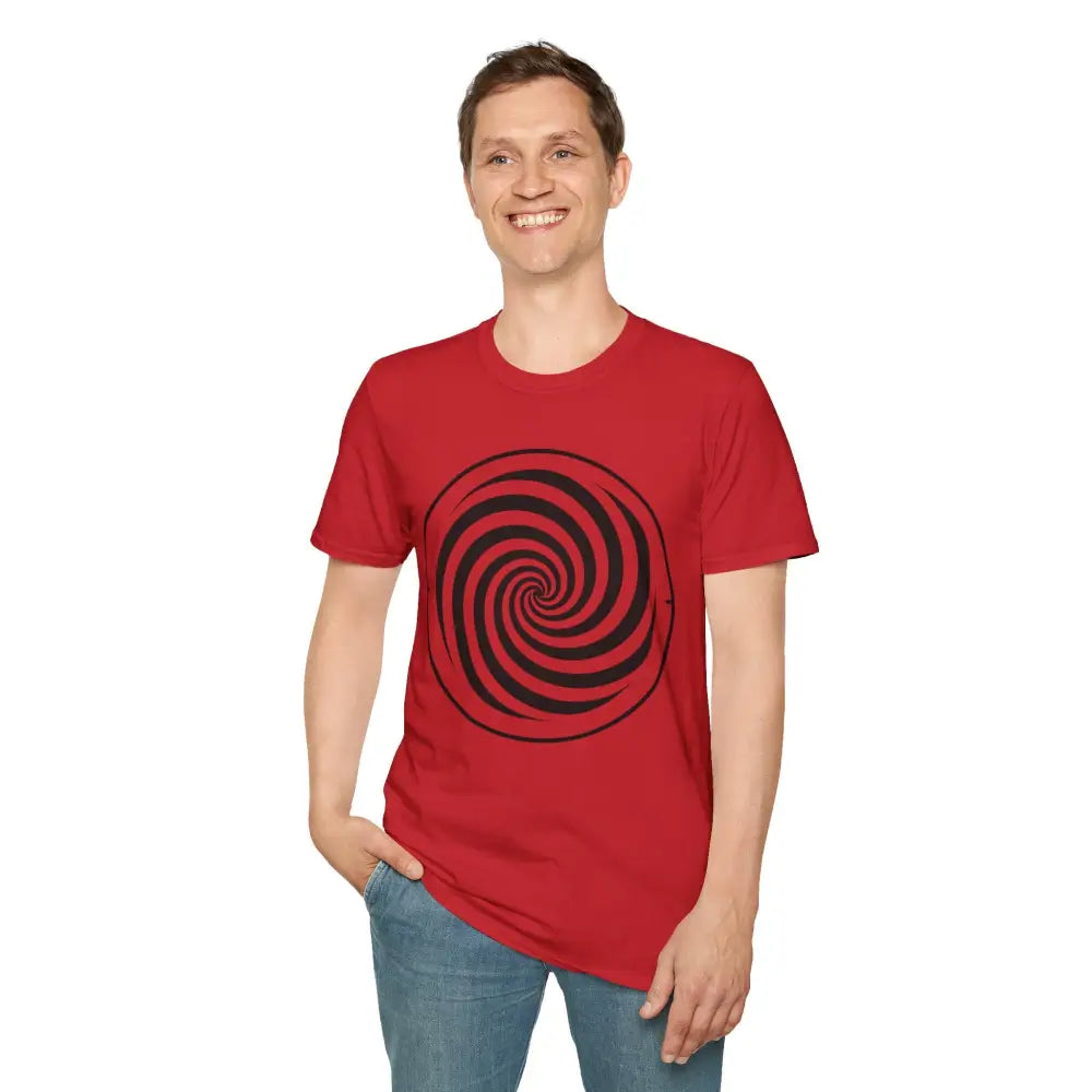Smiling man in red spiral graphic unisex softstyle T-shirt made of ring-spun cotton