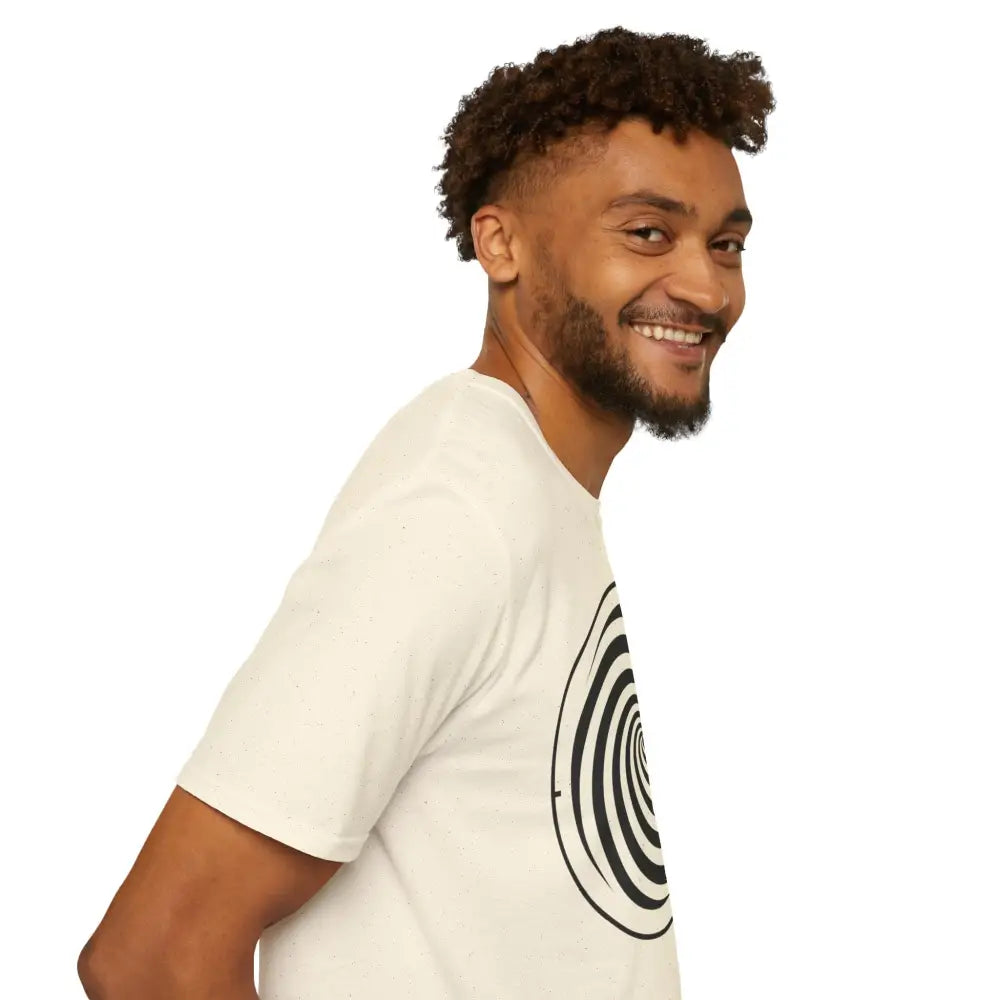 Smiling man in cream Spiral Graphic Tee unisex softstyle T-shirt made from ring-spun cotton