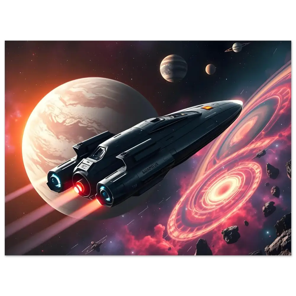 Sleek spaceship with glowing engines on modern Sci-Fi wall art by PixiOnyx