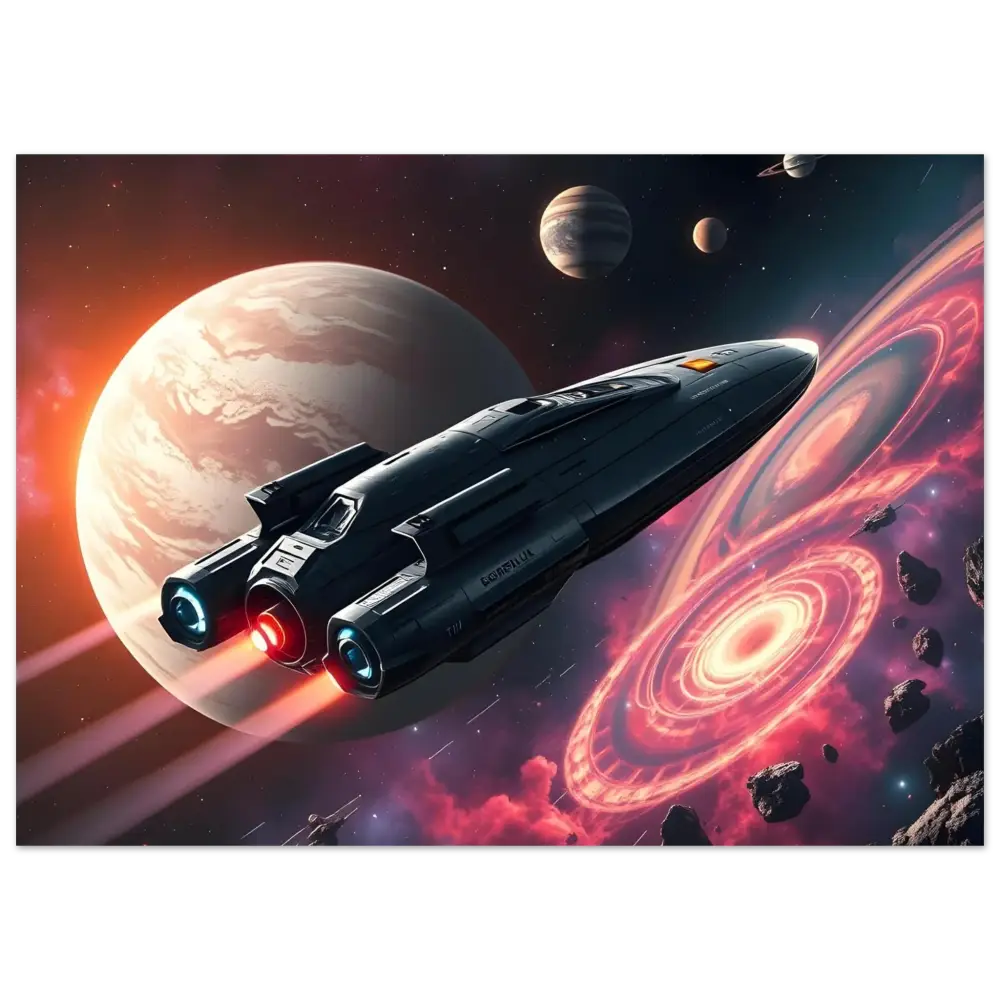 Sleek spaceship with glowing engines displayed on Starship Voyager Aluminum Print by PixiOnyx
