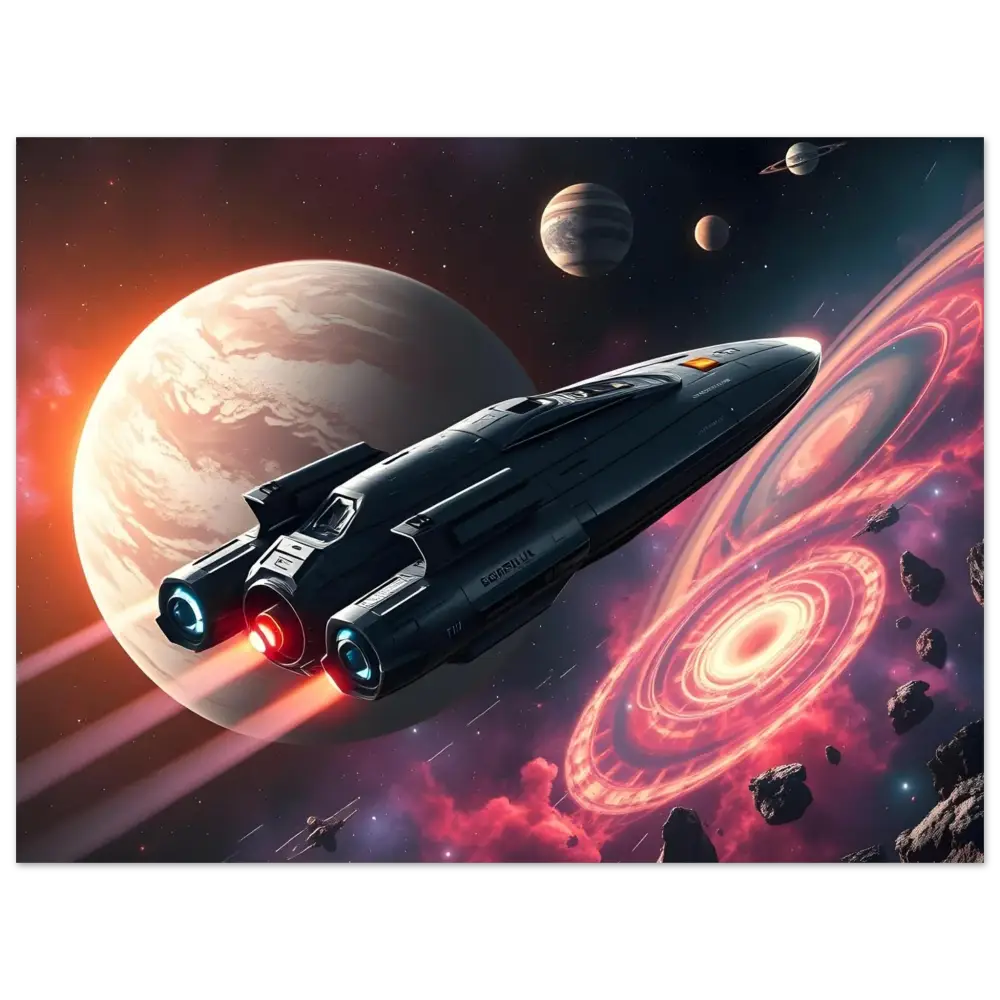 Sleek dark spaceship with glowing engines from Starship Voyager Fine Art Poster by PixiOnyx