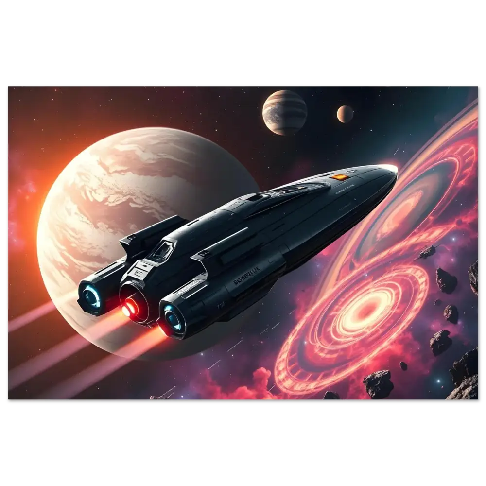 Sleek spaceship with glowing engines on Starship Voyager cosmic Sci-Fi art poster by PixiOnyx