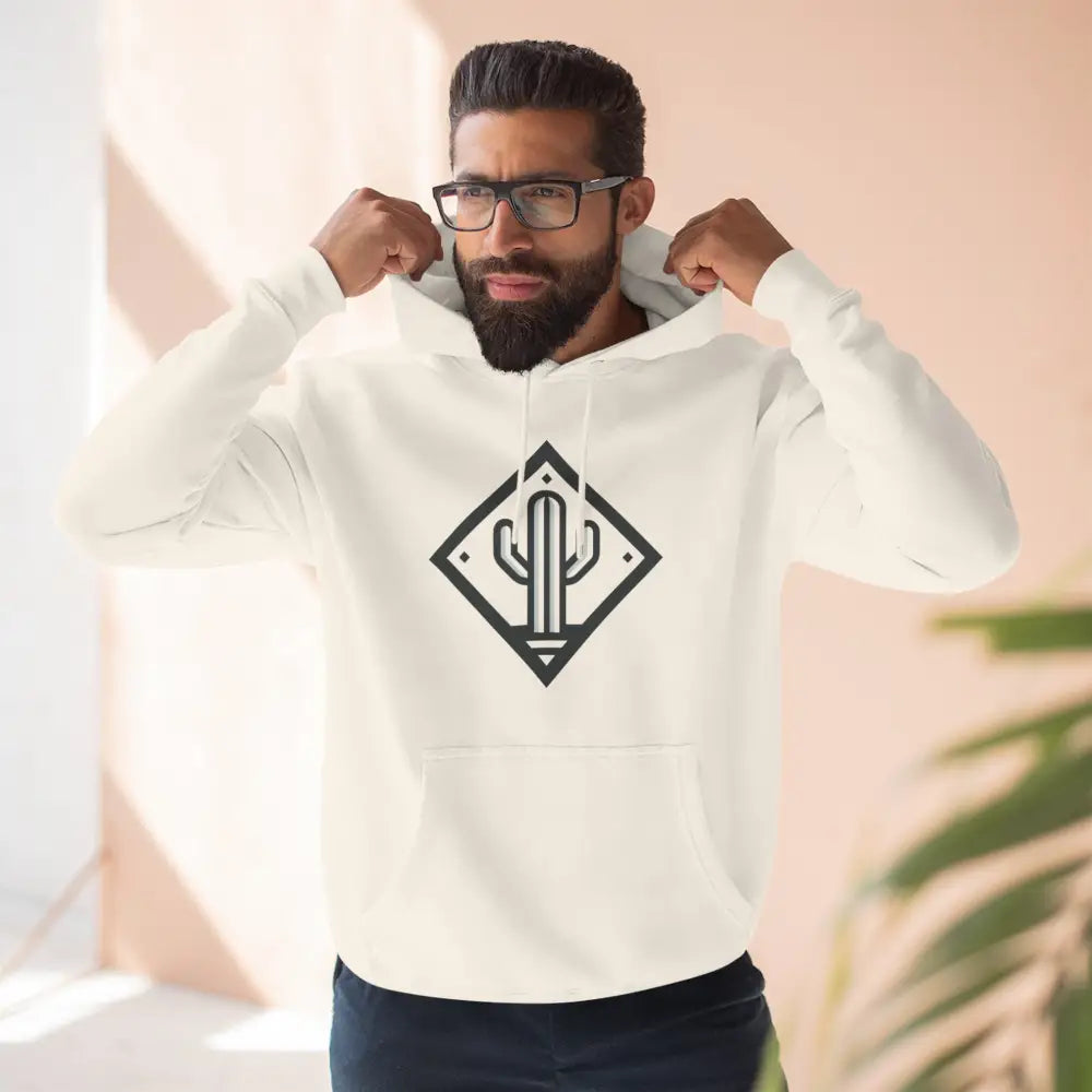 Men’s white hoodie with black cactus logo, cozy three-panel fleece, adjustable hood