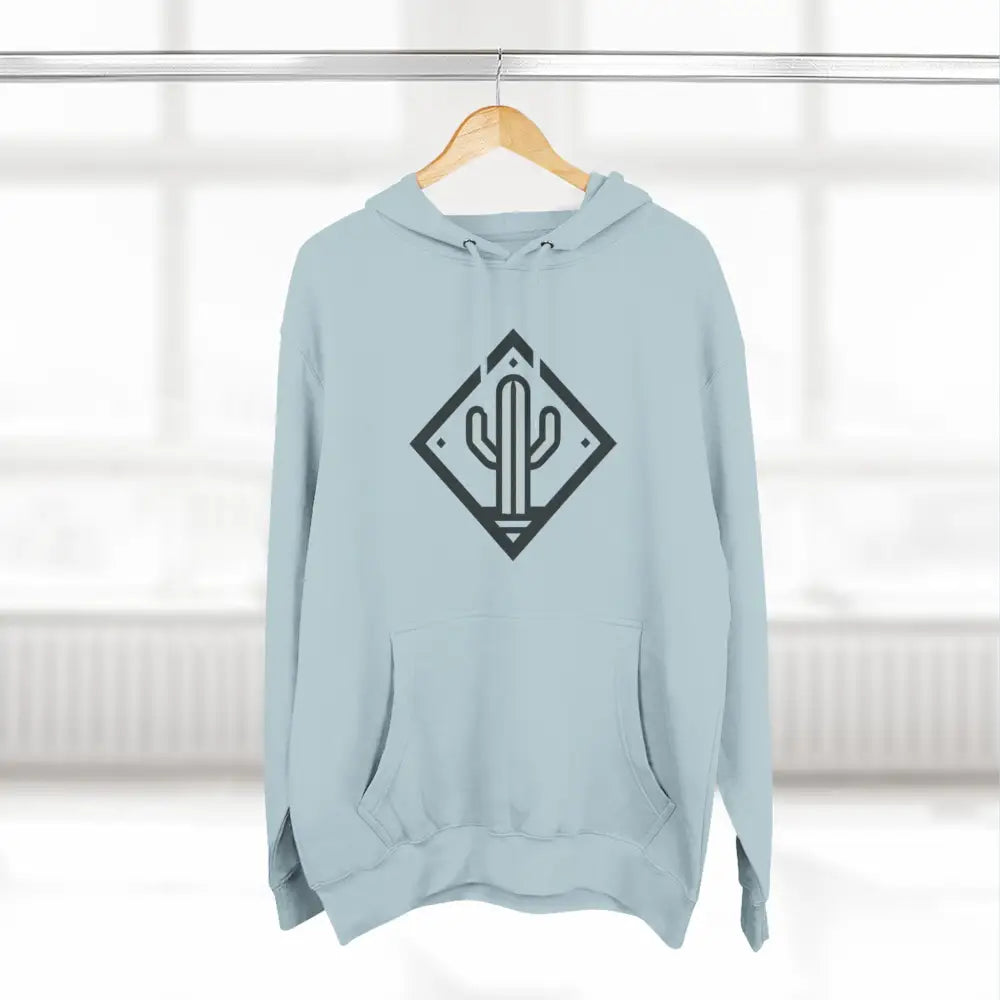Light blue unisex hoodie with cactus design, spacious kangaroo pocket, cozy fleece, adjustable hood