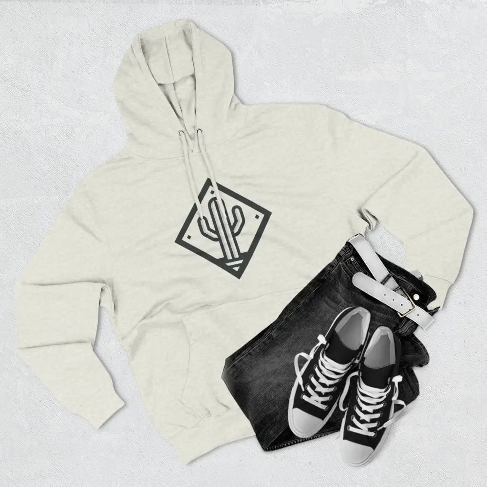 Light-colored hoodie with black cactus logo, spacious kangaroo pocket, cozy fleece, adjustable hood