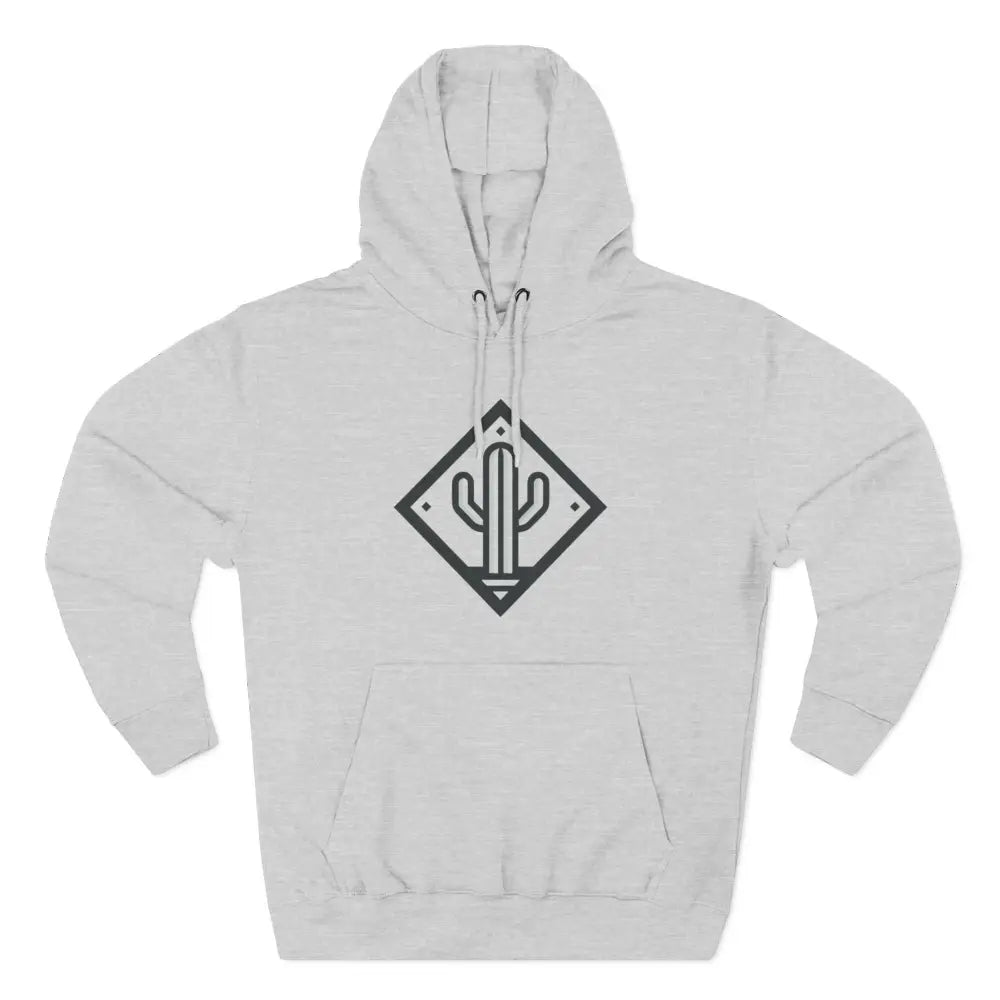 White hoodie with black Saguaro cactus design, spacious kangaroo pocket, cozy fleece, adjustable hood