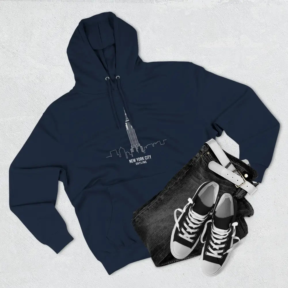 Navy blue NYC skyline hoodie, cozy unisex fleece, machine wash max 30c, low heat safe
