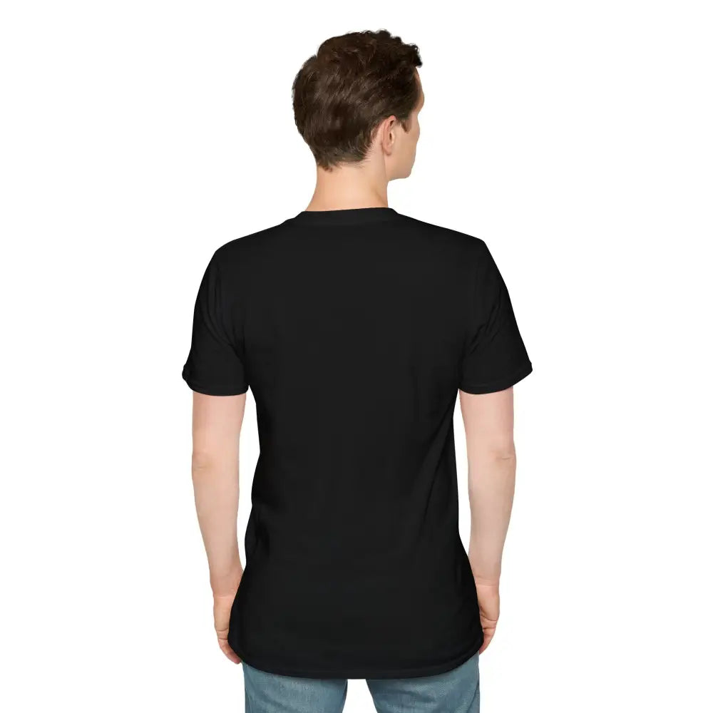 Black short-sleeved pyramid graphic tee on man from behind, perfect for summer casual wear