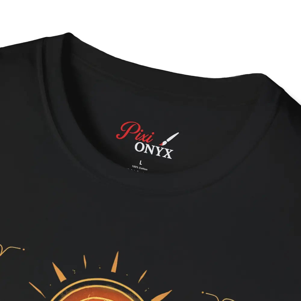 Black crew-neck T-shirt with pyramid graphic design, ideal for nature lovers and casual wear