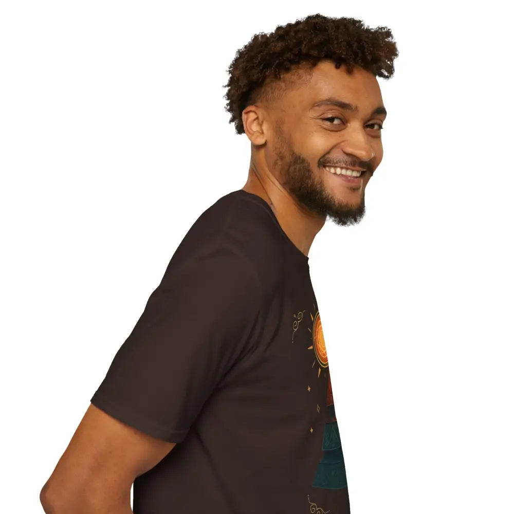 Dark brown pyramid graphic tee with colorful print, low heat care instructions, casual style