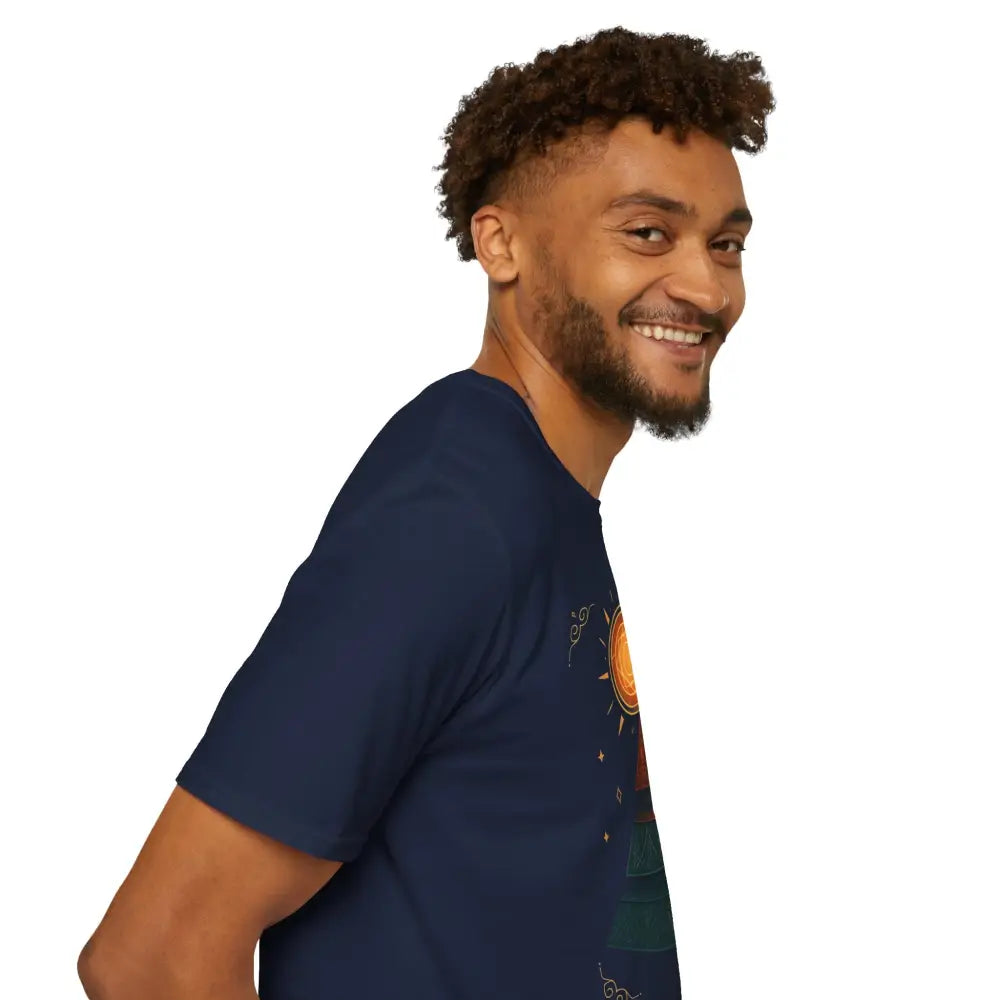 Man wearing stylish pyramid graphic tee with vibrant design, perfect for summer adventures