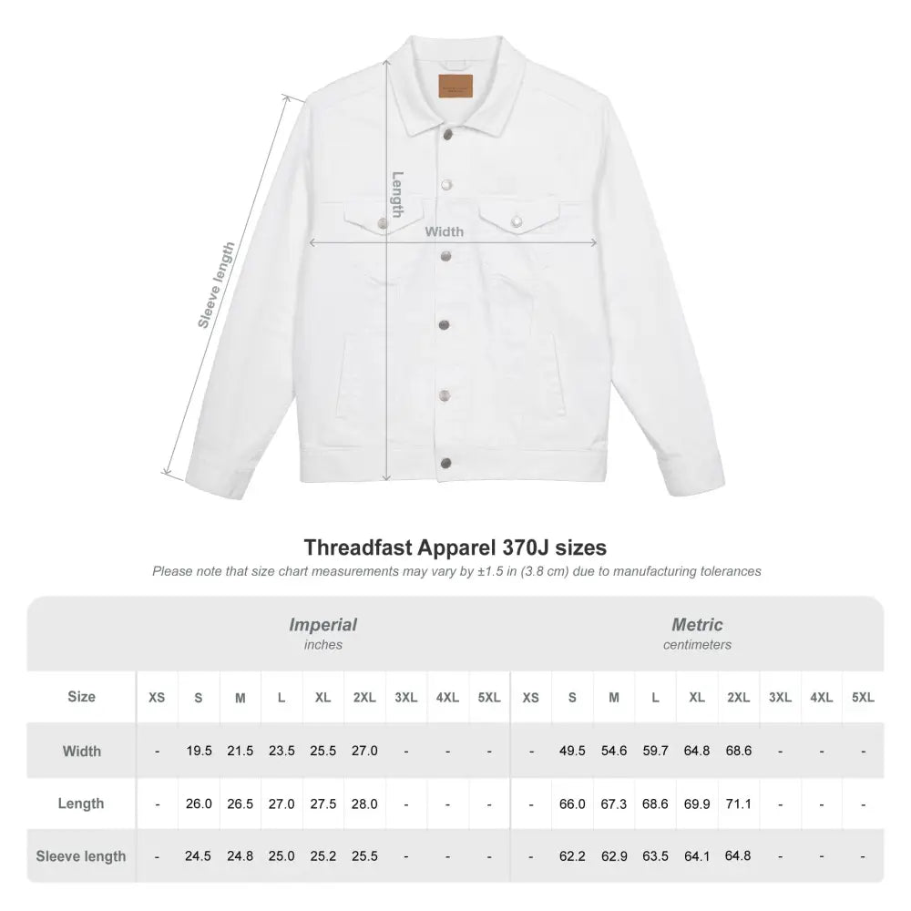 White unisex PixiOnyx denim jacket with size chart and embroidery, perfect for casual wear