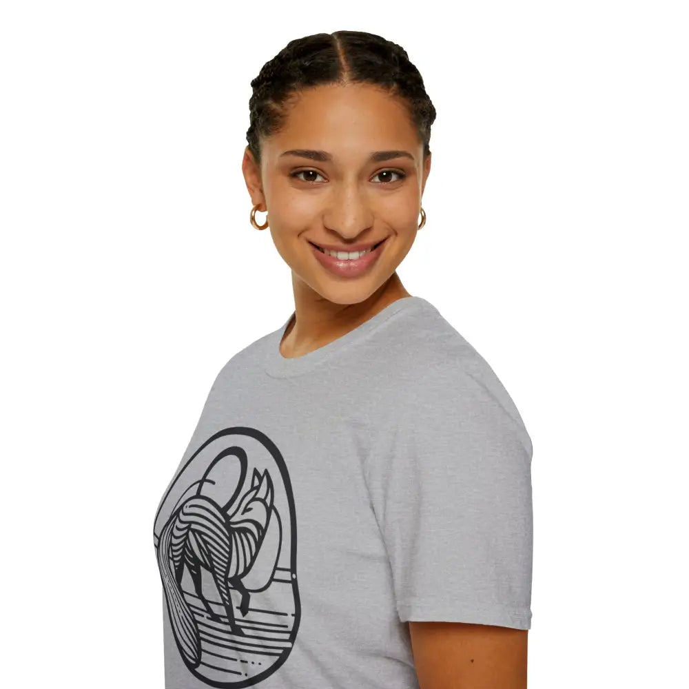 Light gray short-sleeved t-shirt with black and white fox graphic, machine washable, tumble dry low heat