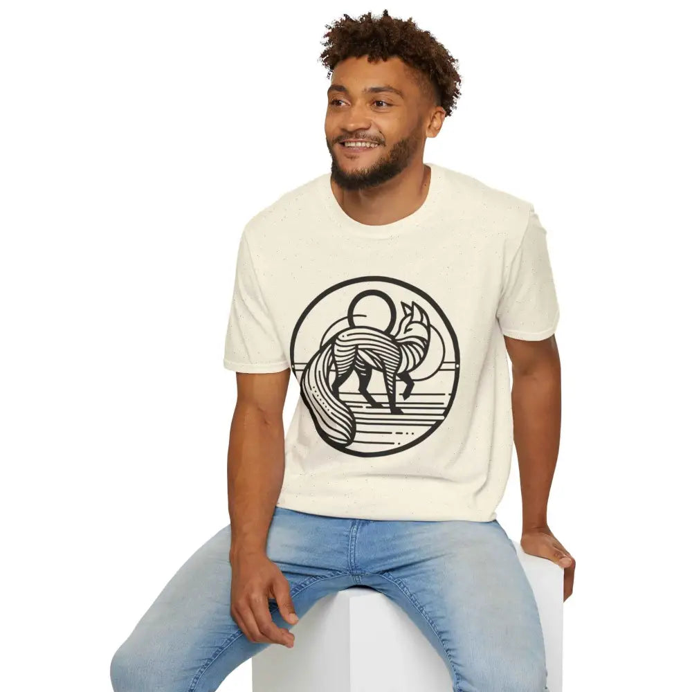 Light-colored unisex softstyle T-shirt with black fox line-art design, machine washable, low heat safe