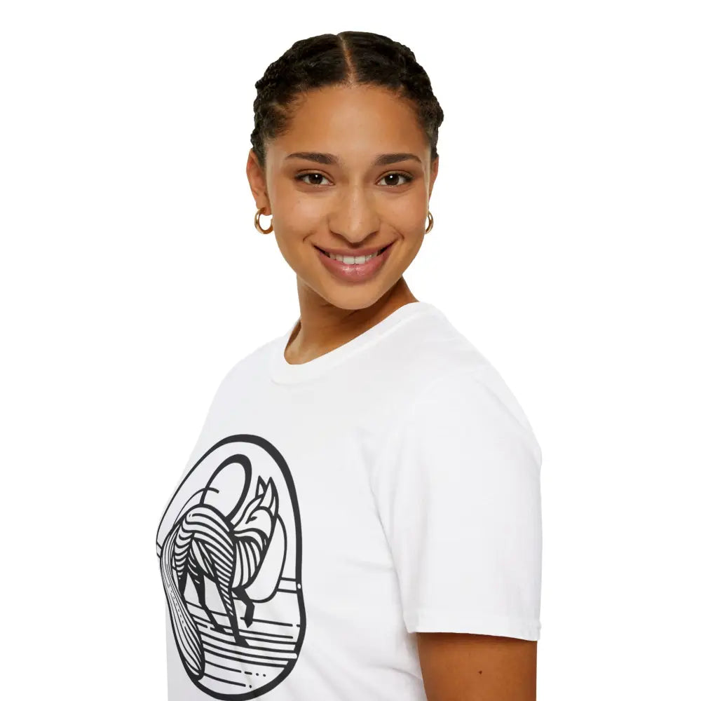 Woman wearing a white short-sleeve T-shirt with black abstract fox design, machine washable, low heat, tumble dry friendly