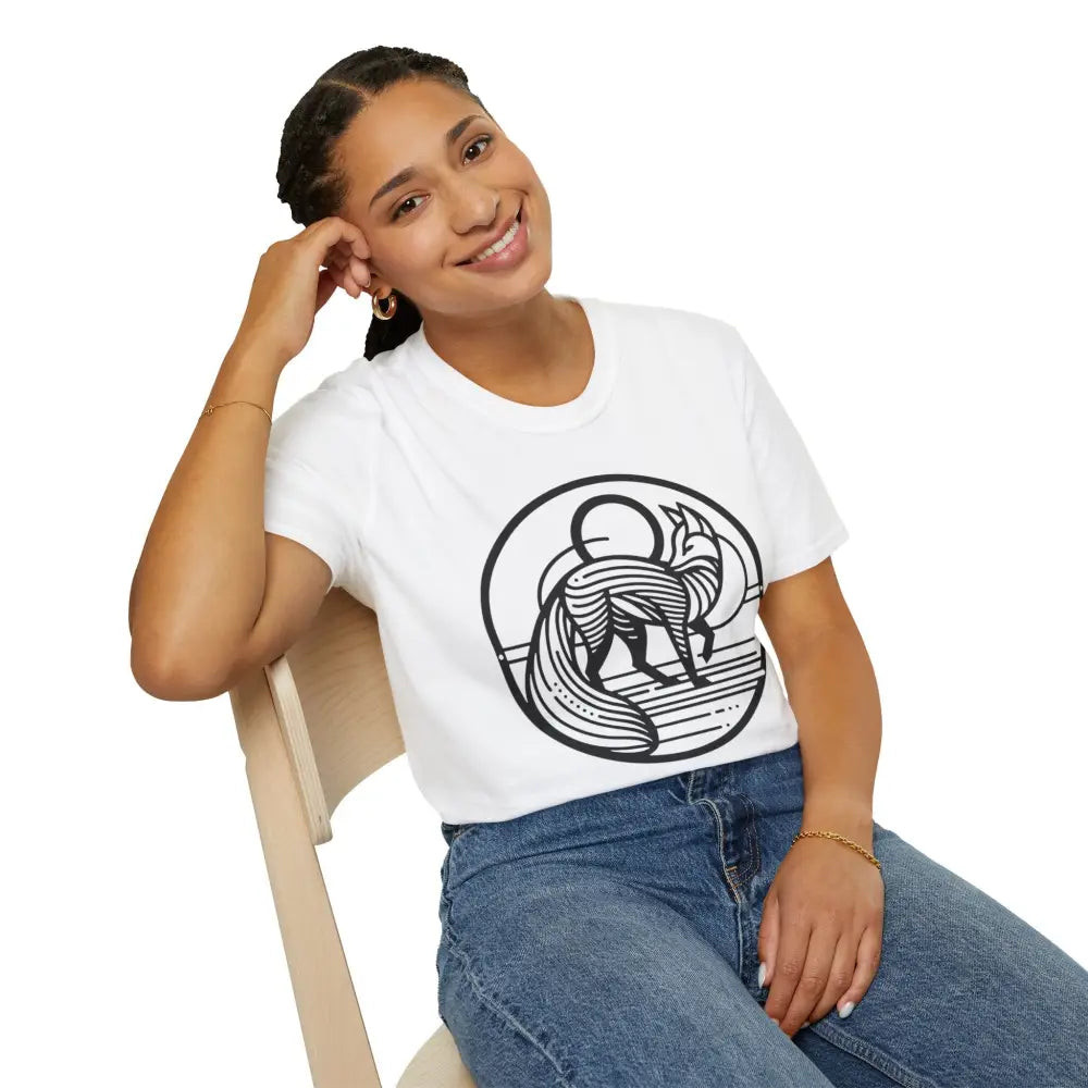 Woman wearing white T-shirt with black fox design, casual summer fashion, machine wash safe