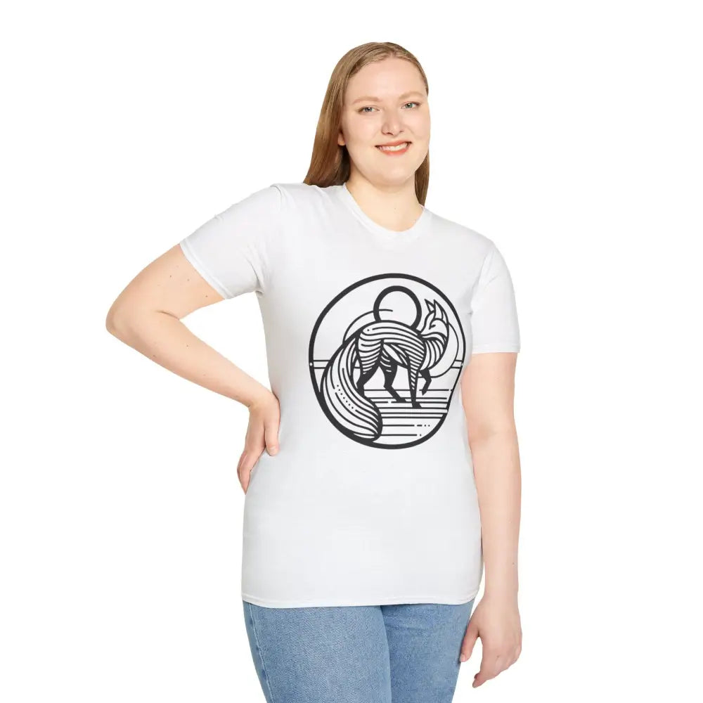 Woman wearing a white softstyle T-shirt with black and white fox design, machine washable, tumble dry safe