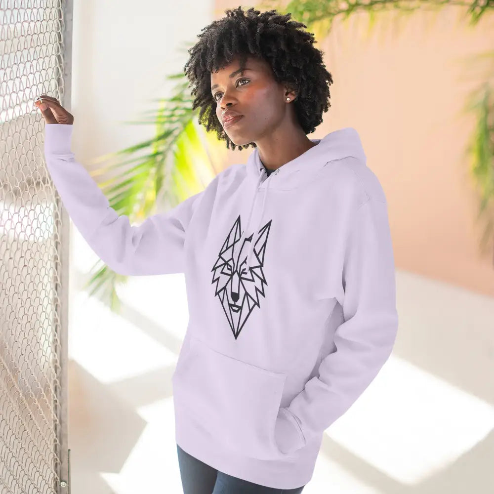 White hoodie with stylish wolf graphic design, perfect for outdoor adventures and winter fashion